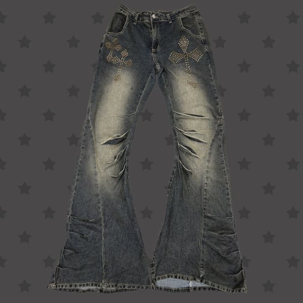 펑크 핀터깔 십자가 징 포인트 워싱 데님 셔링 팬츠 