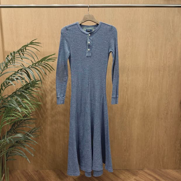 폴로 랄프 로렌 니트 롱 원피스 헨리넥 엘보 패치 슬림핏 라이트 블루