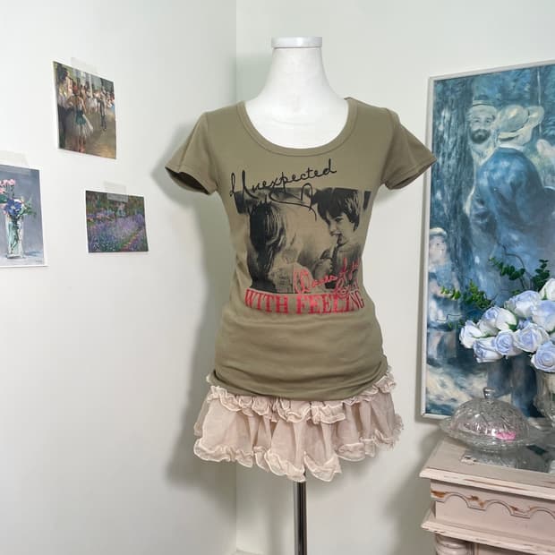 khaki print point slim top(size-M)