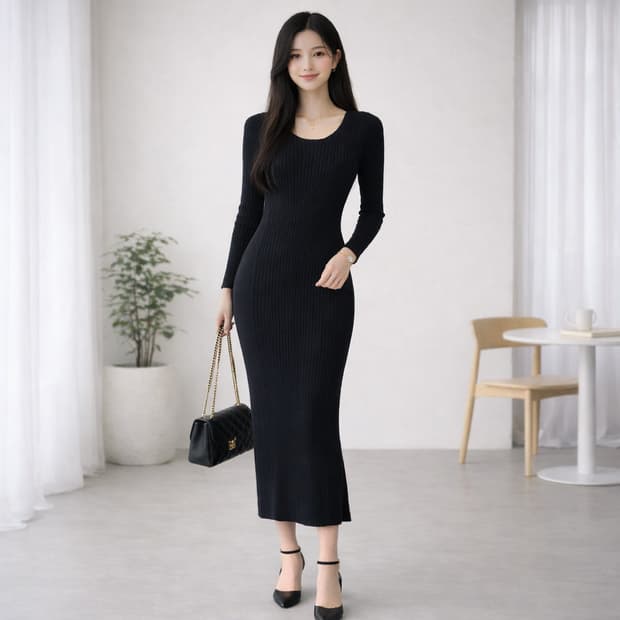 마쥬 maje 블랙 롱 지퍼 골지 니트 원피스