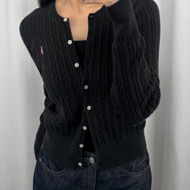 폴로 핑크 포니 블랙 꽈배기 가디건