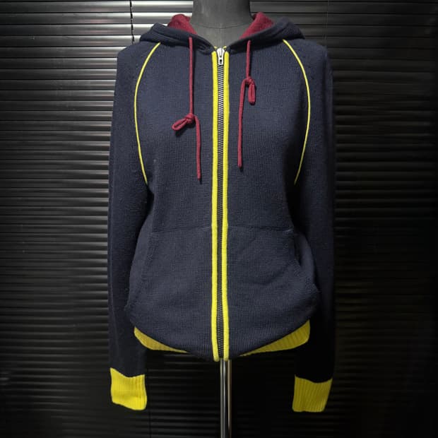 CK 캘빈클라인 울 니트 후드 집업 배색 버건디 노랑 옐로우 남색 네이비