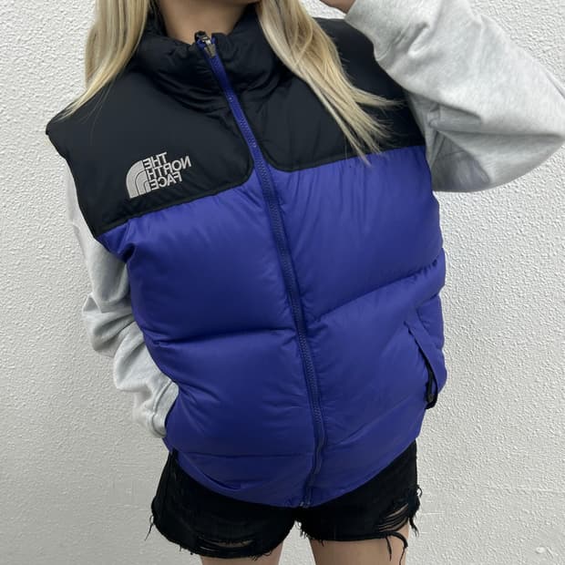 노스페이스 블랙배색 로고 코발트블루 패딩조끼 100