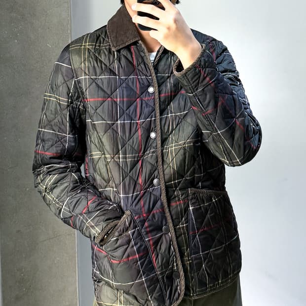 바버 타탄 체크 퀼티드 리버시블 자켓