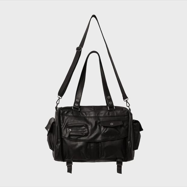 Multi pocket leather shoulder bag BLACK