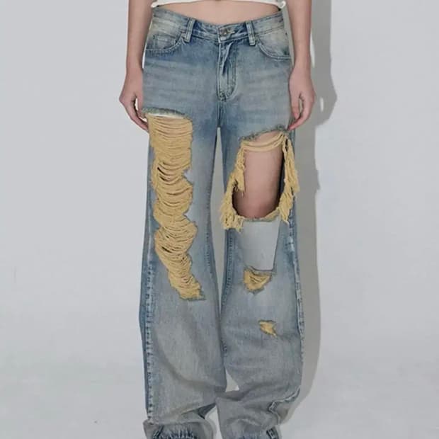 이네기 Aged Distressed Denim Pants (blue) M