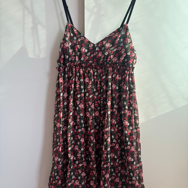 빈티지 플라워 무늬 레드 미니 끈 원피스