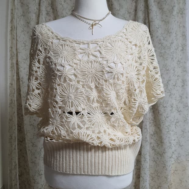 [일본빈티지] 아이보리색 크로셰 뜨개 반팔 셔츠