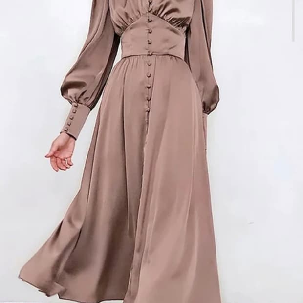 유럽무드 빈티지)브라운 하객룩 로맨틱모리걸 자라깔 스모크퍼프 롱원피스