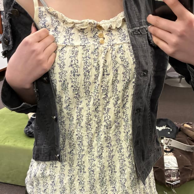 2)Japanese vintage 여성 꽃무늬 프릴 포인트 슬리브리스