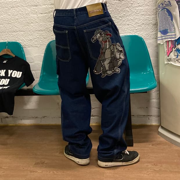 스쿨오브하드낙 올드스쿨 힙합 자수 카펜터 데님 팬츠