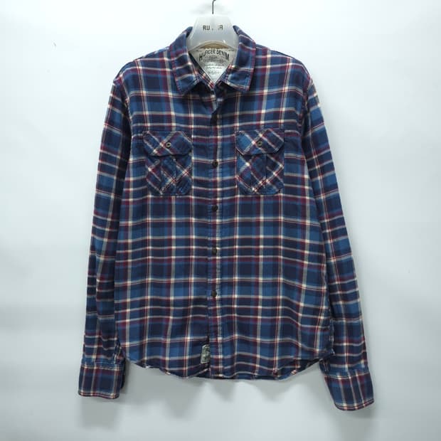 힐피거 데님 남성 블루 레드 체크 플란넬 셔츠