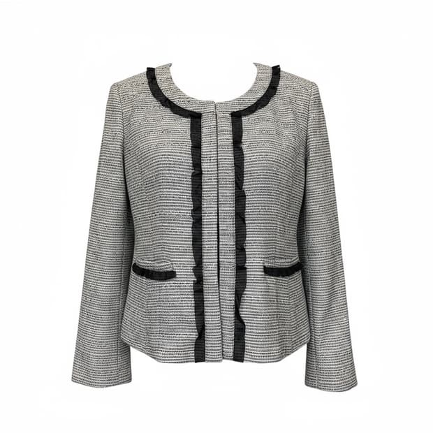 JPN VINTAGE 크롭 트위드자켓 투포켓 넥라인 러플 디테일 그레이