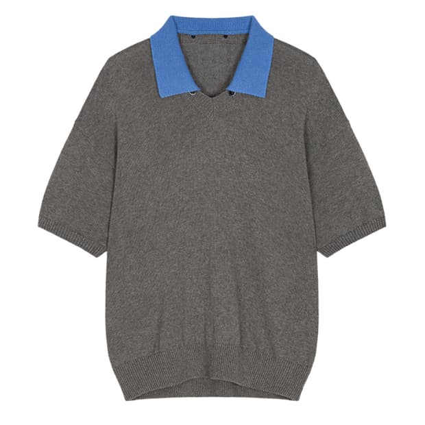 (3)웨이비니스 토글드 페탈 카라 브이넥 하프 니트 그레이 블루