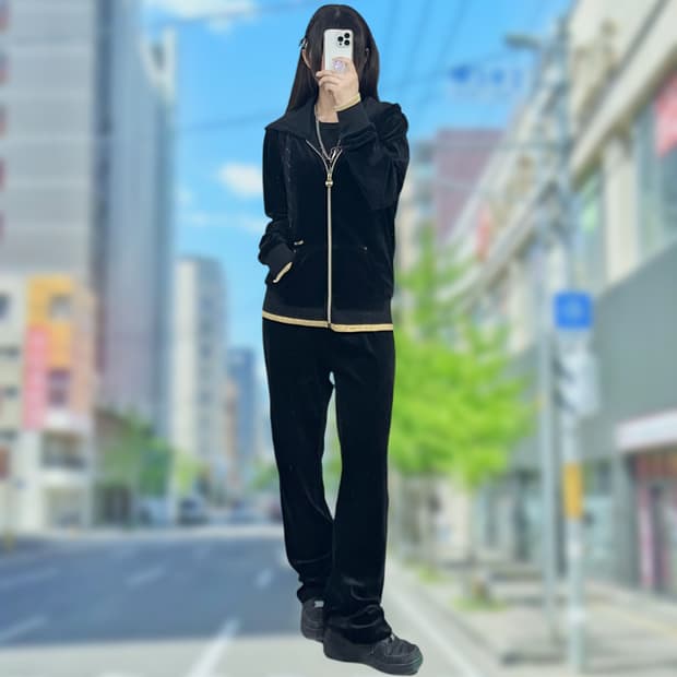 리복 y2k 글리터 벨벳 후드집업
