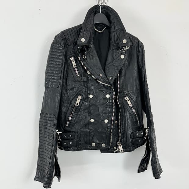 Sheepskin belted stud 2way leather jacke