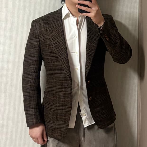 정품 에르메네질도 제냐 브라운 타탄체크 울 캐시미어 블레이저 자켓