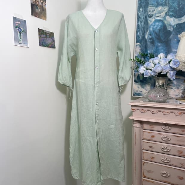 mint melange v-neck 100%linen summer opc