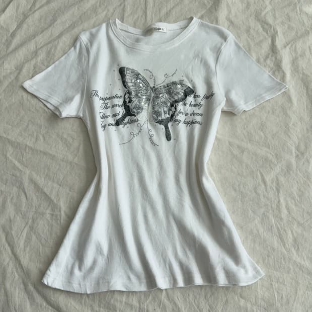 페어리 y2k 버터플라이 화이트 딱붙 반팔탑