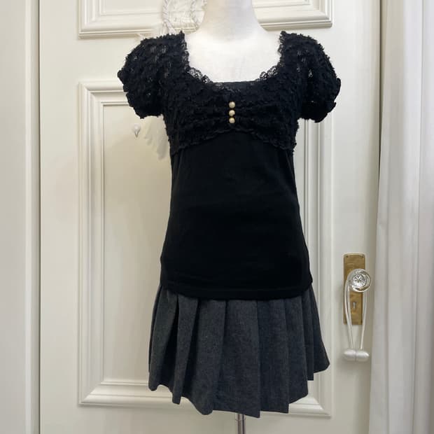 black sleeve crochet shirring knit top&l