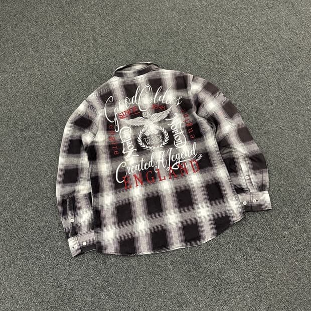 M) 노턴 모터사이클 UK 자수 셔츠 체크 패턴