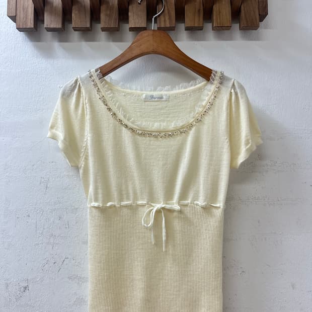 일본빈티지 FEROUX 울 100% 비즈 디테일 반팔 니트 탑