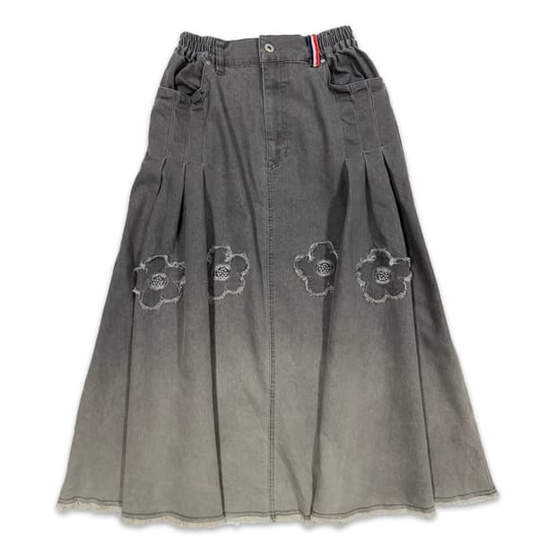 빈티지 Person's 그레이 그라데이션 플라워 플레어 롱 스커트