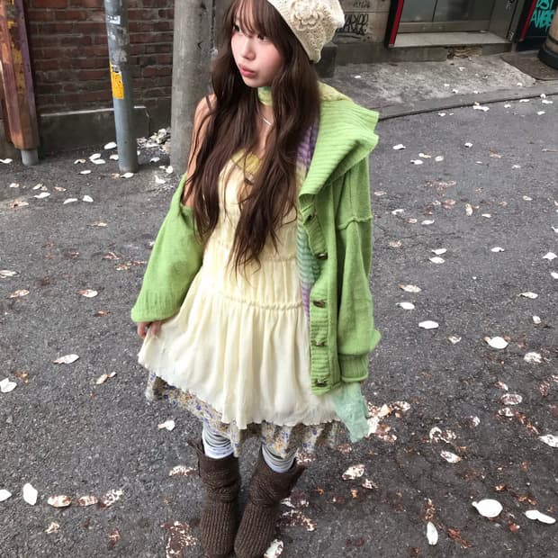 컬러 하구미 모리 원피스 잔꽃 봄 가디건 코디세트