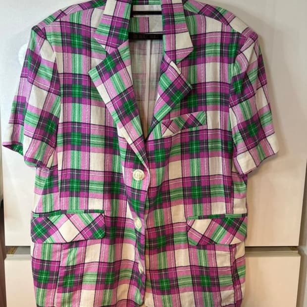 체크 반팔 오버핏린넨자켓