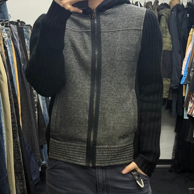 DKNY 도나카란 후드 집업 니트 스웨터 믹스 락시크 고스 펑크 블랙 M