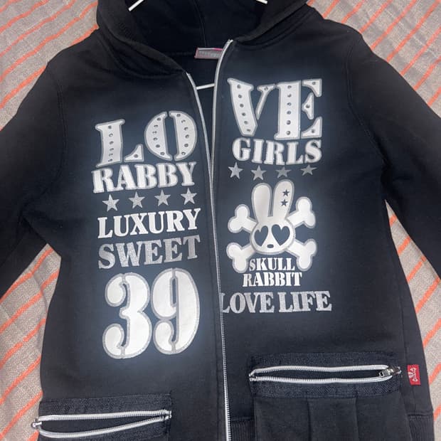 Y2k 빈티지 펑크 레터링 토끼 후드집업