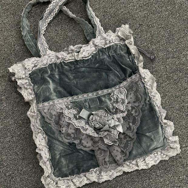 재패니즈 빈티지 모리 레이스 스트링 벨벳 토트백