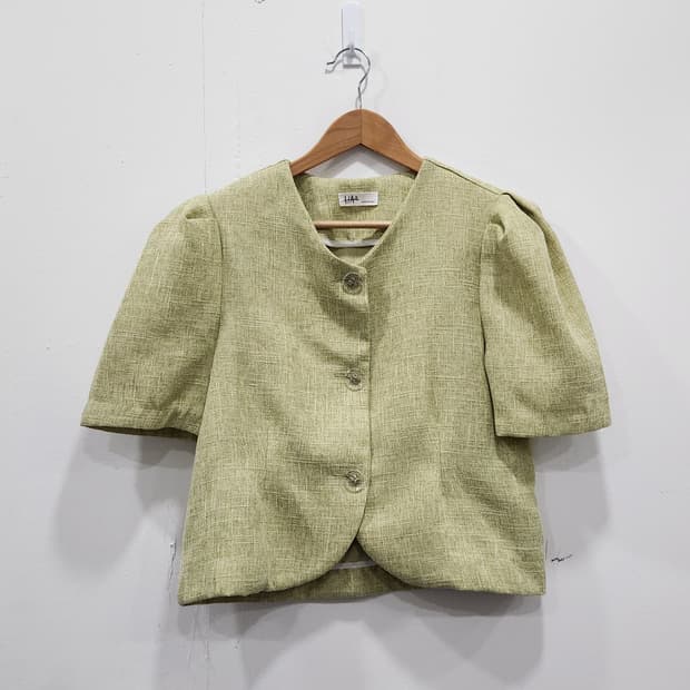 [F] 트위드 퍼프소매 반팔 여름 자켓 연그린