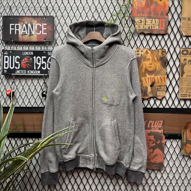 00s 스투시 어센틱 코튼 후드 집업 전면 로고 포인트 그레이