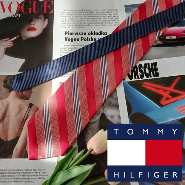 타미 힐피거 실크 레드 스트라이프 넥타이 9.4cm A등급 A19536
