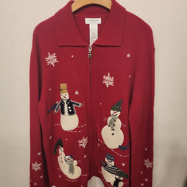 ((미국 빈티지))눈사람☃️ 레드 니트 집업가디건