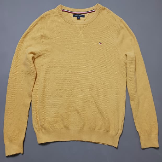 [L] 타미힐피거 와플 머스타드 라운드넥 니트