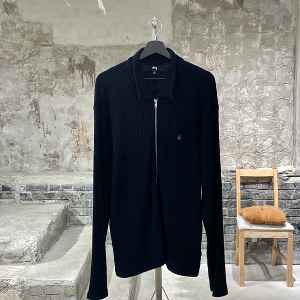 스투시 블랙 빅 써멀 와플 집업 자켓