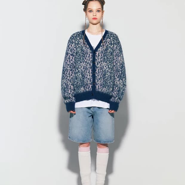 애즈이프캘리 LEOPARD KNIT CARDIGAN NAVY
