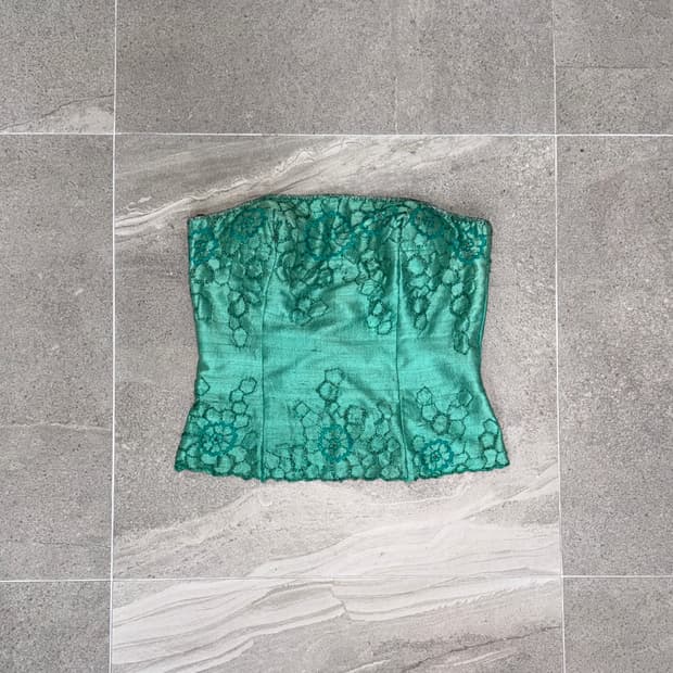 Green beads floral embroid silk corset