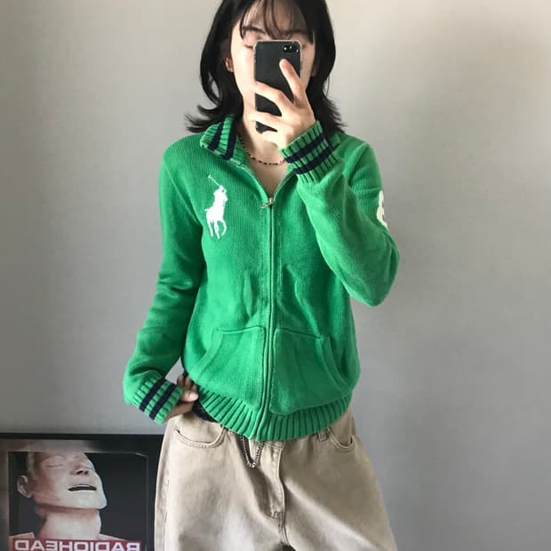 폴로 랄프로렌 빅포니로고 그린 니트 집업