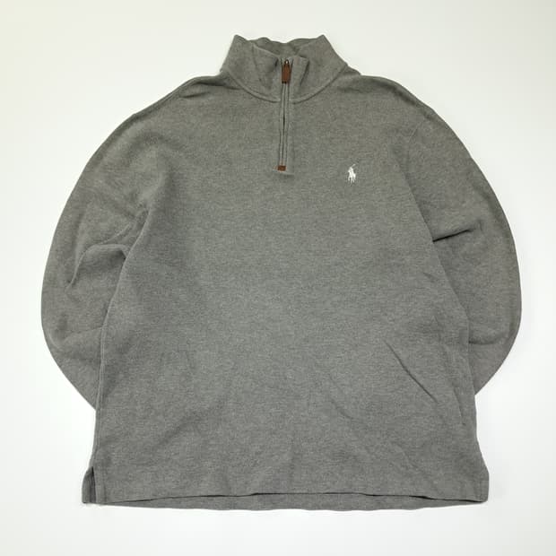 CL194 폴로 코튼 레더풀러 화이트포니 그레이 하프집업 니트 스웨터