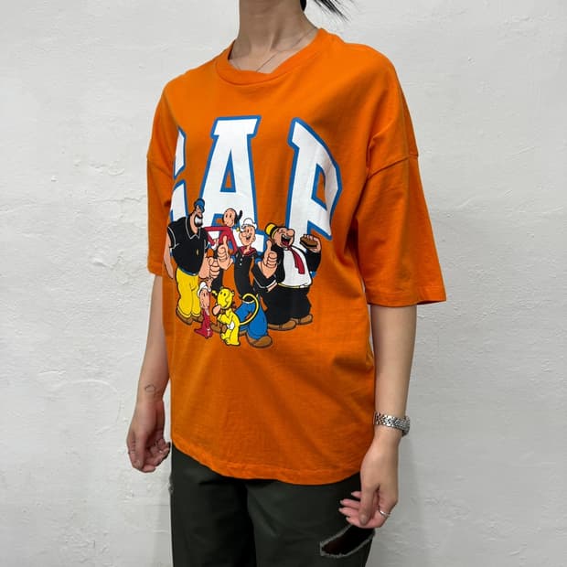 GAP x POPEYE 오렌지컬러 양면 나염 프린트 코튼 크루넥 반팔