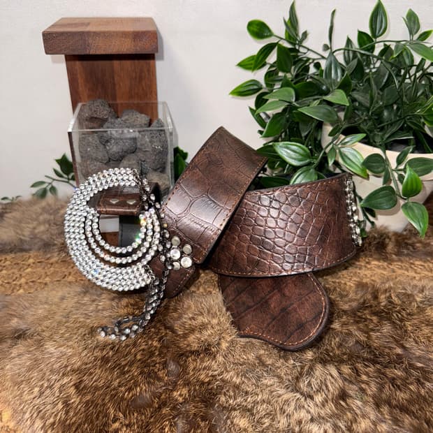 Dark brown python cubic bold buckle belt