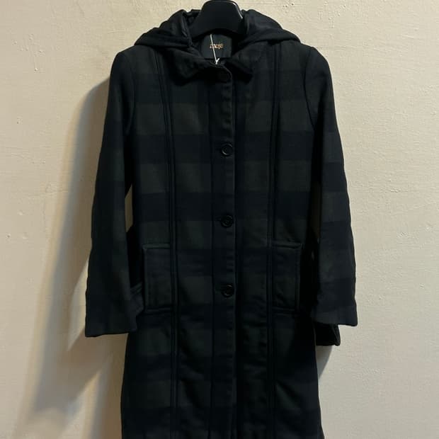 마쥬 후드 패턴 미디 코트