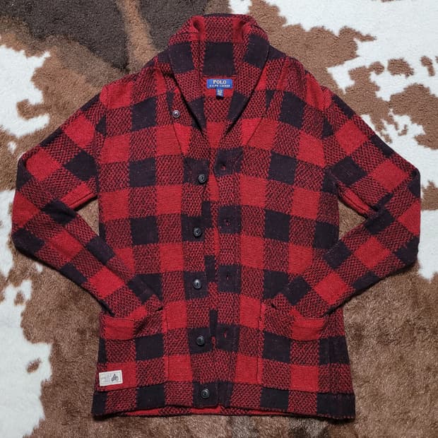 폴로 랄프로렌 레드&블랙 체크 가디건(M)