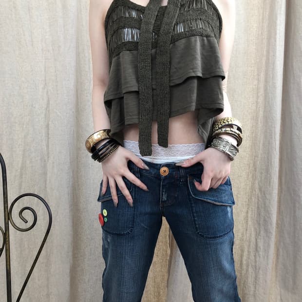 카키 크로셰 홀터탑