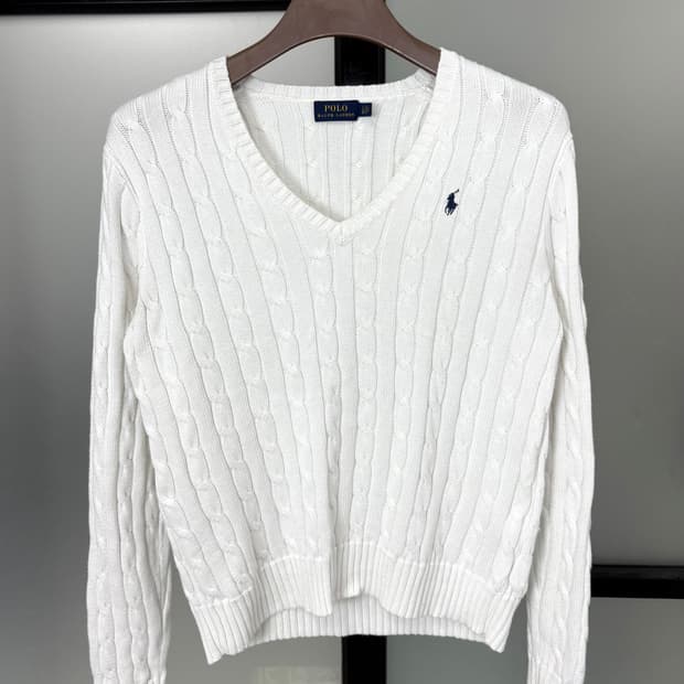 [2XL]POLO 폴로 화이트 브이넥 꽈배기 니트