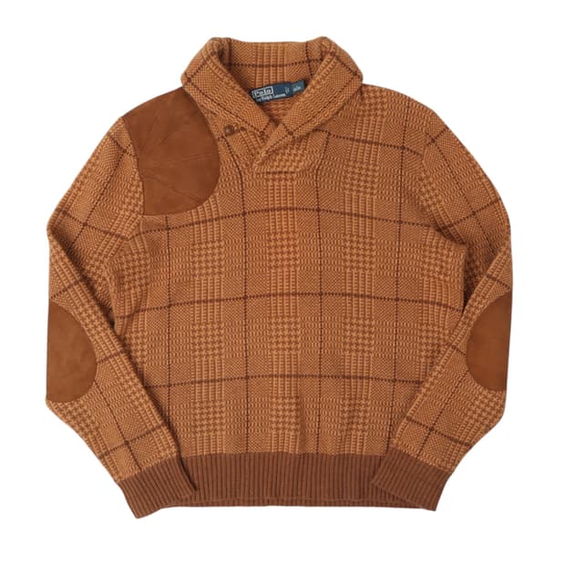 폴로 랄프로렌 카멜 체크 스웨이드패치 숄카라 니트