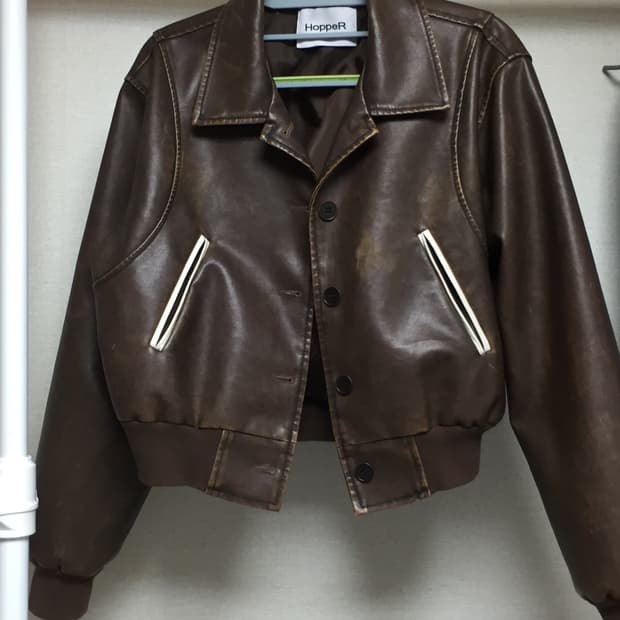 빈티지 워싱 브라운 레더 봄버 자켓